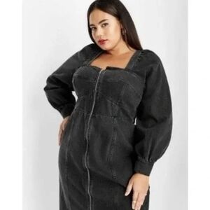 Future Collective Black Denim Dress Puff Long Sleeve Zip-Front